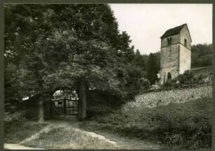 Turm der Wolfskirche mit Eingang, Tor 3, Friedhof