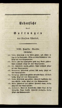 Uebersicht der Gattungen des fünften Theiles.