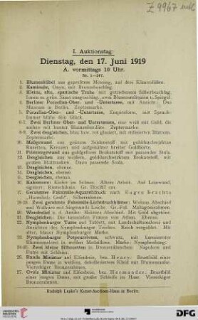 I. Auktionstag: Dienstag, den 17. Juni 1919 (Nr. 1-472)