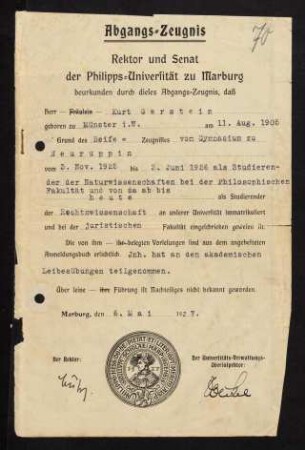 "Abgangs-Zeugnis der Philipps-Universität zu Marburg", 1927.