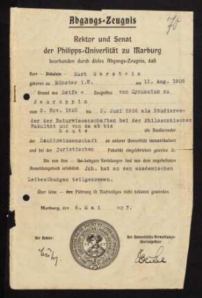 "Abgangs-Zeugnis der Philipps-Universität zu Marburg", 1927.