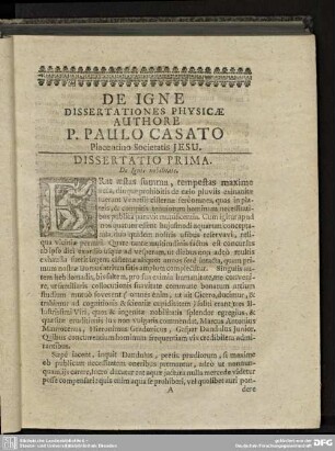 Dissertatio Prima. De Ignis nobilitate.