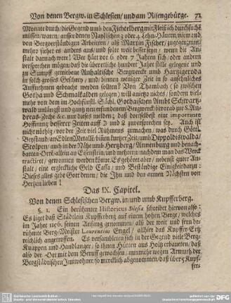 Das IX. Capitel. Von denen Schlesischen Bergw. in / und umb Kupferberg.