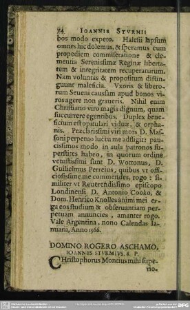 Domino Rogero Aschamo, Ioannes Sturmius. S. P.