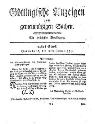 24stes Stück. Sonnabend, den 12ten Junii 1773.
