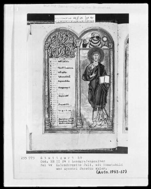Psalterium (sogenannter Landgrafenpsalter) — Kalendar, Folio 1verso-7recto — Buchseite Juli mit Apostel Jakobus Major und Monatsbild, Folio 4verso