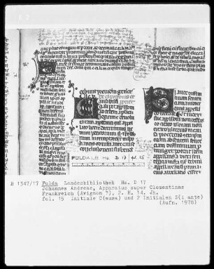 Johannes Andreae, Apparatus super Clementinas — Initiale C(ausa) und zwei Initialen S(i ante), Folio 15recto