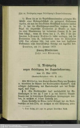 14. Reichsgesetz wegen Beseitigung der Doppelbesteuerung; vom 13. Mai 1870