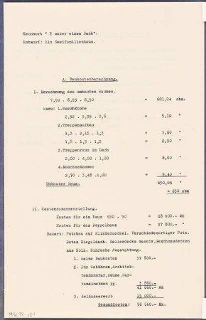 Zweifamilienhaus Monatskonkurrenz Februar 1930: Kostenrechnung