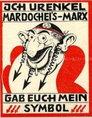 Klebezettel mit antisemitisch-antikommunistischer Aufschrift und Karikatur