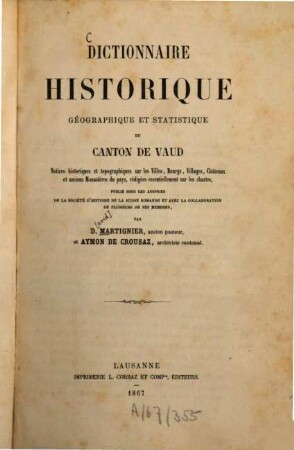 Dictionnaire historique, géographique et statistique du Canton de Vaud : Par D[avid] Martignier et Aymon de Crousaz