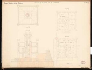 Hafen für Arkona Schinkelwettbewerb 1868: Leuchtturm mit Lotsenhaus auf der Mole: Grundriss Keller, Erdgeschoss, Dachgeschoss, Querschnitt 1:60; Maßstabsleiste