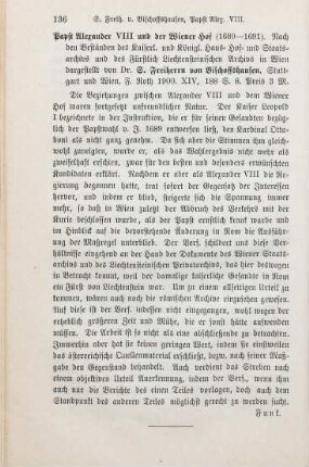 136 [Rezension] Bischoffshausen, Sigismund von, Papst Alexander VIII. und der Wiener Hof