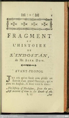 Fragment De L'Histoire De L'Indostan