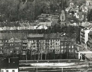 Meißen. Karl-Liebknecht- und Lessingstraße. Blick vom Lerchaweg zur Lutherkirche (1901/1909)