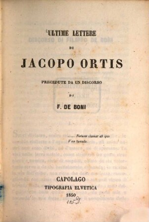 Ultime lettere di Jacopo Ortis precedute da un discorso di F. de Boni