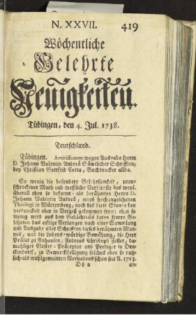 N. XXVII. Tübingen, den 4. Jul. 1738