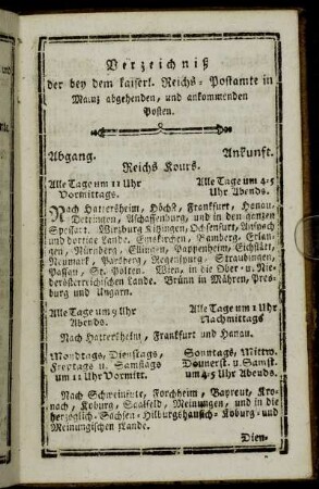 Verzeichniß der bey dem kaiserl. Reichs-Postamte in Mainz abgehenden, und ankommenden Posten.