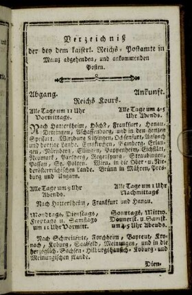 Verzeichniß der bey dem kaiserl. Reichs-Postamte in Mainz abgehenden, und ankommenden Posten.