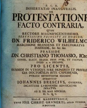 Diss. inaug. de protestatione, facto contraria