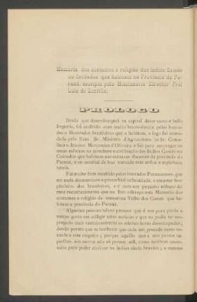 Memória dos costumes e religião dos indios Camés ou Corôados que habitam na Provincia do Paraná