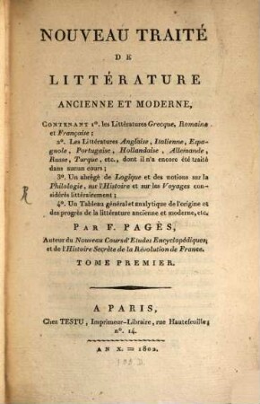 Nouveau Traité de Litterature ancienne et moderne, 1