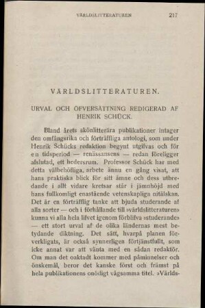 Världslitteraturen. Urval Och Öfversättning Redigerad Af Henrik Schück.