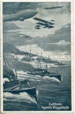 Flugzeuge und Zeppeline über Schiffen