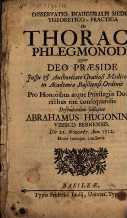 Diss. inaug. med. theor. pract. de thorace phlegmonode