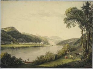 Das Elbtal in der Sächsischen Schweiz, Blick von der linken Elbseite nach Osten auf Schandau (Bad Schandau), dahinter die Schrammsteine und der Große Winterberg