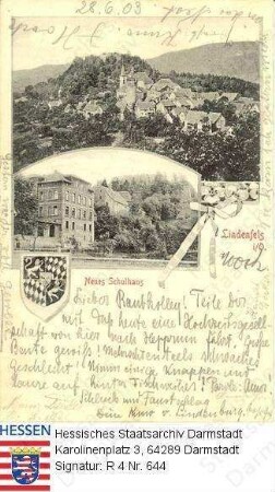 Lindenfels im Odenwald, Panorama und Ansicht des Neuen Schulhauses