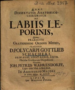 Dissertatio Anatomico-Chirurgica De Labiis Leporinis
