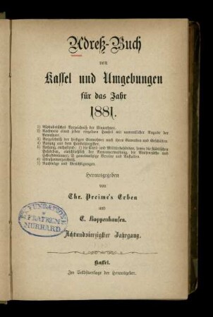 Jg. 48.1881: Adreß-Buch von Kassel und Umgebungen : für das Jahr 1881