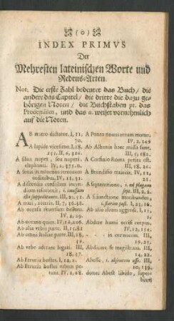 Index Primus Der Mehresten lateinischen Worte und Redens-Arten