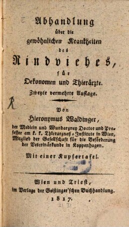 Abhandlung über die gewöhnlichen Krankheiten des Rindviehs : Mit 1 Kupfertaf.