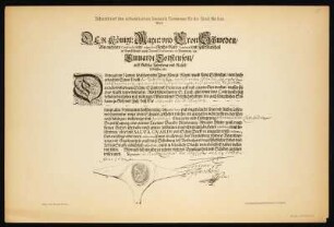 Schutzbrief des schwedischen Generals Torstenson für die Stadt Meißen 1642, Lithographie, : Schutzbrief des schwedischen Generals Torstenson für die Stadt Meißen 1642 - Meißen : Mosche ; Meißen : Steinmetz & Bornemann, 1889. - Lithographie ; Blattgröße 50,8 x 34,0 cm. - Nr. 35