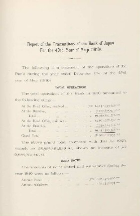 Report of the transactions of the Bank of Japan for the 43rd year of Meiji (1910)
