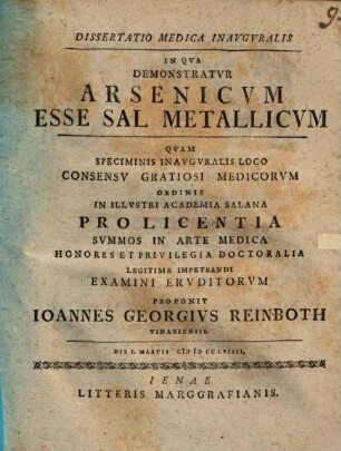 Diss. med. inaug. in qua demonstratur arsenicum esse sal metallicum
