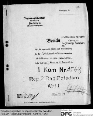 Bericht über die unvermutete Kassenprüfung bei der Kreiskommunalkasse Niederbarnim und ihrer Nebenkasse im Febr. 1940