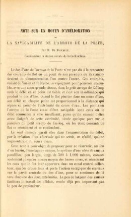Note sur un moyen d'amélioration de la navigabilité de l'arroyo de la poste, par M. de Foucault, Commandant la station navale de la Cochinchine