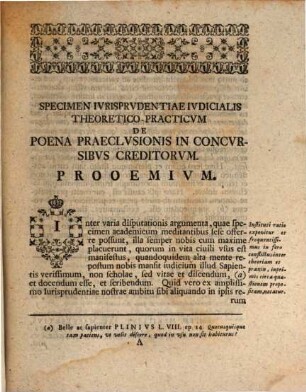 Specimen Ivrisprvdentiae Ivdicialis Theoretico-Practicvm De Poena Praeclvsionis In Concvrsibvs Creditorvm