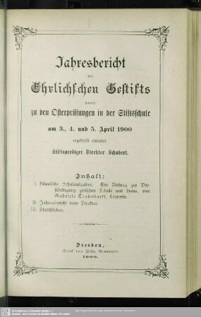 1900: Jahresbericht des Ehrlichschen Gestifts : auf das Schuljahr ...