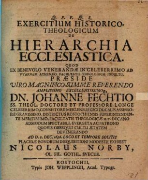 Exercitium hist. theol. de hierarchia ecclesiastica