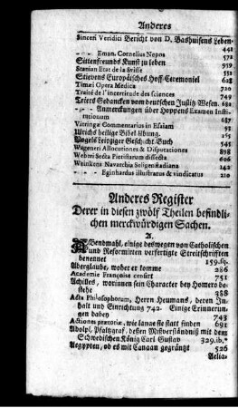 Anderes Register Derer in diesen zwölf Theilen befindlichen merckwürdigen Sachen.