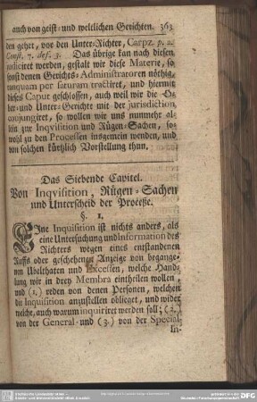 Das Siebende Capitel. Von Inquisition, Rügen-Sachen und Unterscheid der Proceße