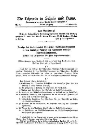 Anträge des Landesvereins Preußischer Volksschullehrerinnen zu dem Satzungs-Entwurf des Verbandes deutscher Volksschullehrerinnen : Sektion des Allgemeinen Deutschen Lehrerinnenvereins