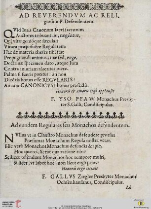 Ad Reverendum AC Religiosum P. Defendentem