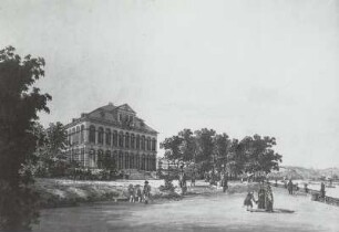 "Schloss Übigau bey Dresden" : Unbekannter Künstler: Schloß Übigau. Elbseite. Stich, koloriert, Anfang 19. Jahrhundert