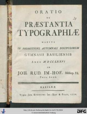 Oratio De Præstantia Typographiæ