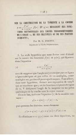 Sur la construction de la tangente a la courbe ... et ... désignant des fonctions rationnelles des lignes trigonométriques de l'angle w, de ses multiples ou de ses parties aliquotes.
